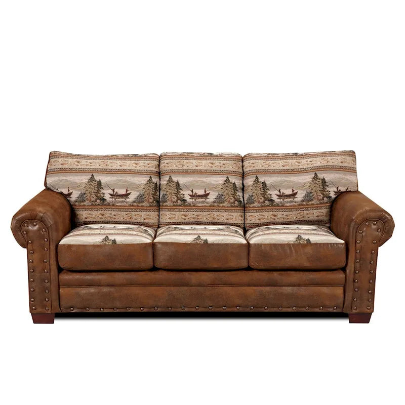 Solid Wood Alpine Lodge Fishing Scene Upholstered 4-piece Seating Set - image 4