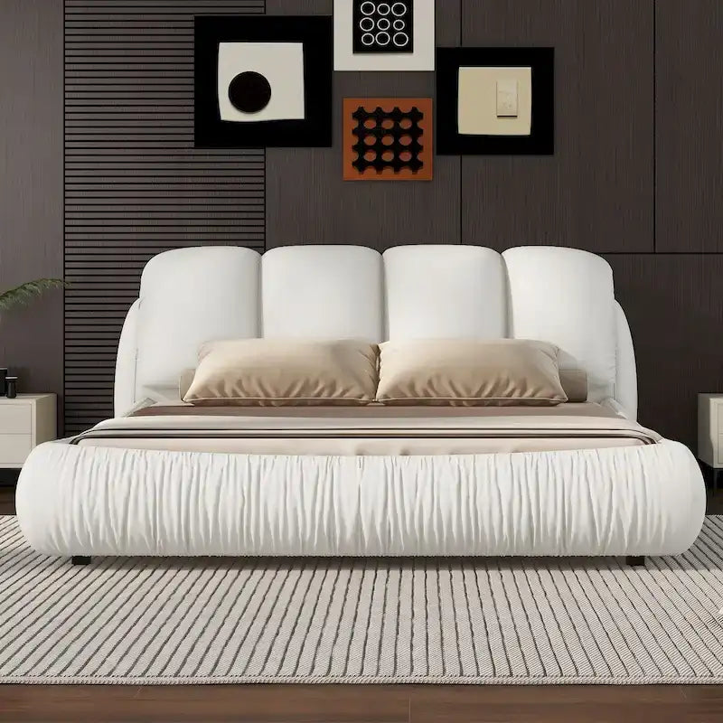 Metal Queen Size Upholstered Bed With Thick Headboard, Vevet Queen Bed with Oversized Padded Backrest