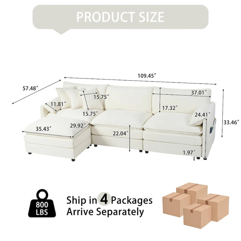Wood 109.45 Chenille Upholstered L-Shaped Modar Sectional Sofa with Double-Layer Cushions, DIY Combination - image 11