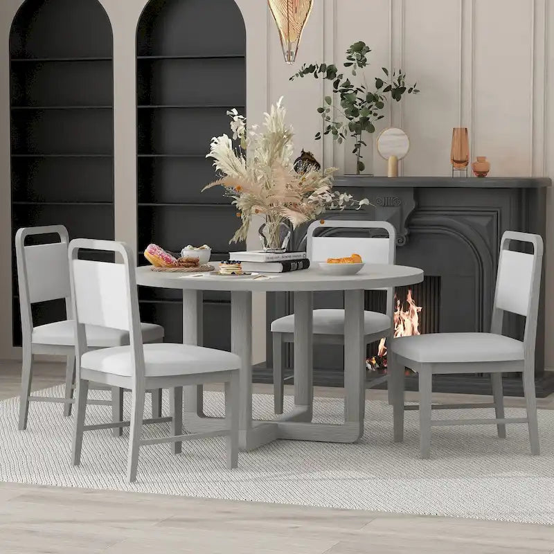 Engineered Wood 5-Piece Round Dining Table Set Vintage Wood Dining Table and Chair Set with Radial Wood Grain for Dining Room Kitchen