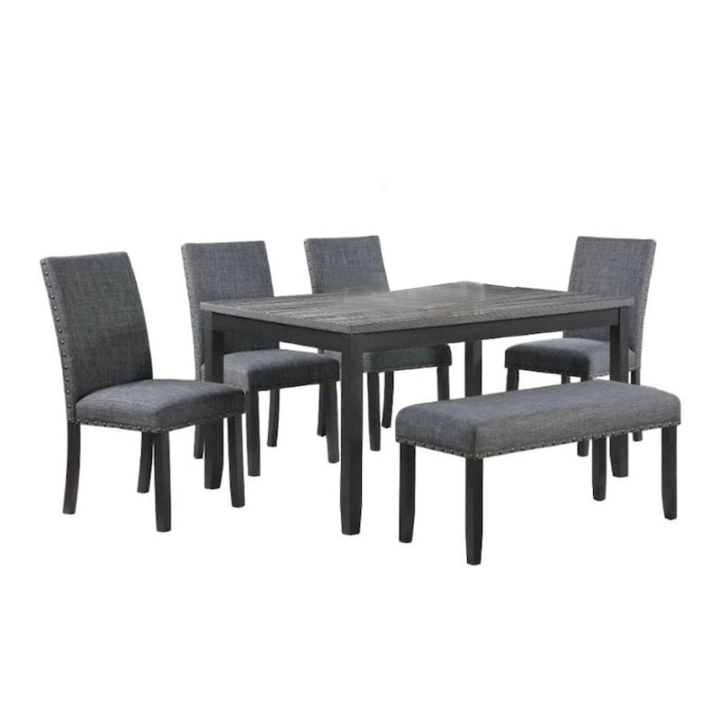 Drake 6 Piece Dining Table Set, 4 Chairs, Bench, Gray Fabric, Black Wood - image 1