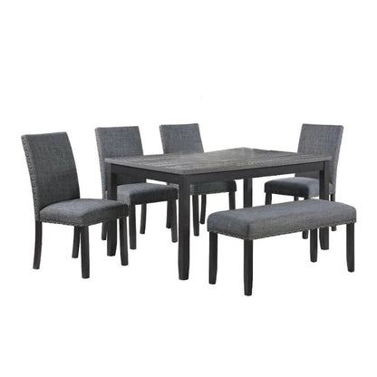 Drake 6 Piece Dining Table Set, 4 Chairs, Bench, Gray Fabric, Black Wood - image 1