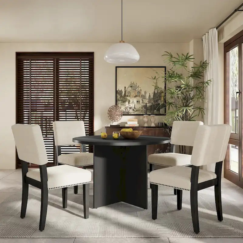 Engineered Wood 4 People Round Dining Table Set, 5 Piece Kitchen Table Set with Round Dining Table and 4 Upholstered Dining Chairs