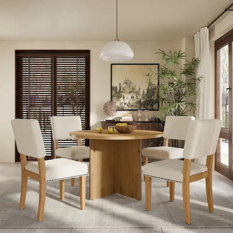 Engineered Wood 4 People Round Dining Table Set, 5 Piece Kitchen Table Set with Round Dining Table and 4 Upholstered Dining Chairs