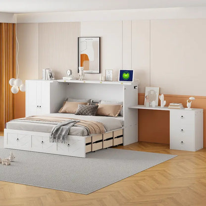 Engineered Wood Queen Size Murphy Bed with USB Port, Large Drawer, and Desk