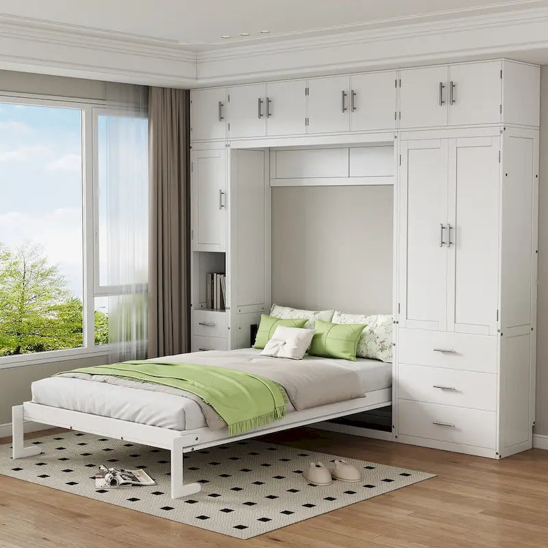 Wood White Fl Size Modern Murphy Bed with Drawers, Lockers, and Wardrobes - image 1
