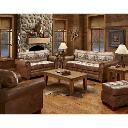 Solid Wood Alpine Lodge Fishing Scene Upholstered 4-piece Seating Set - image 1