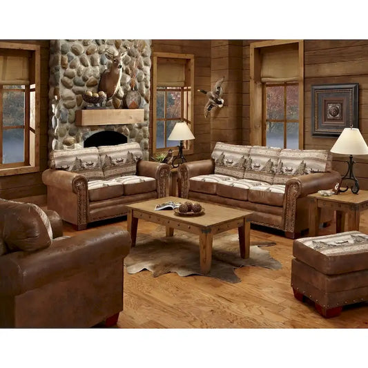 Solid Wood Alpine Lodge Fishing Scene Upholstered 4-piece Seating Set - image 1