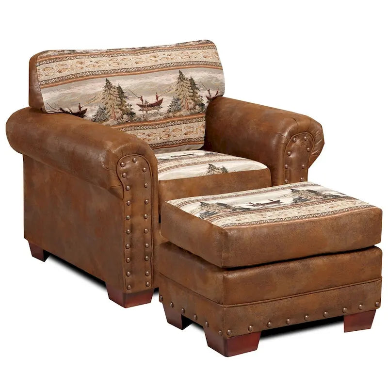 Solid Wood Alpine Lodge Fishing Scene Upholstered 4-piece Seating Set - image 2