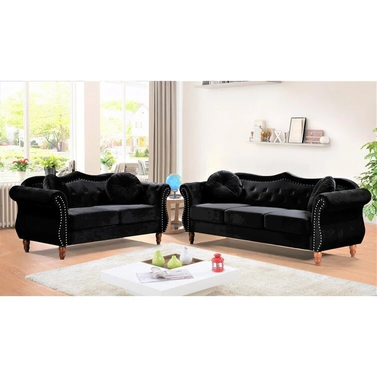 Wood Carbon Classic Nailhead Chesterfield 2 Piece Living Room Set