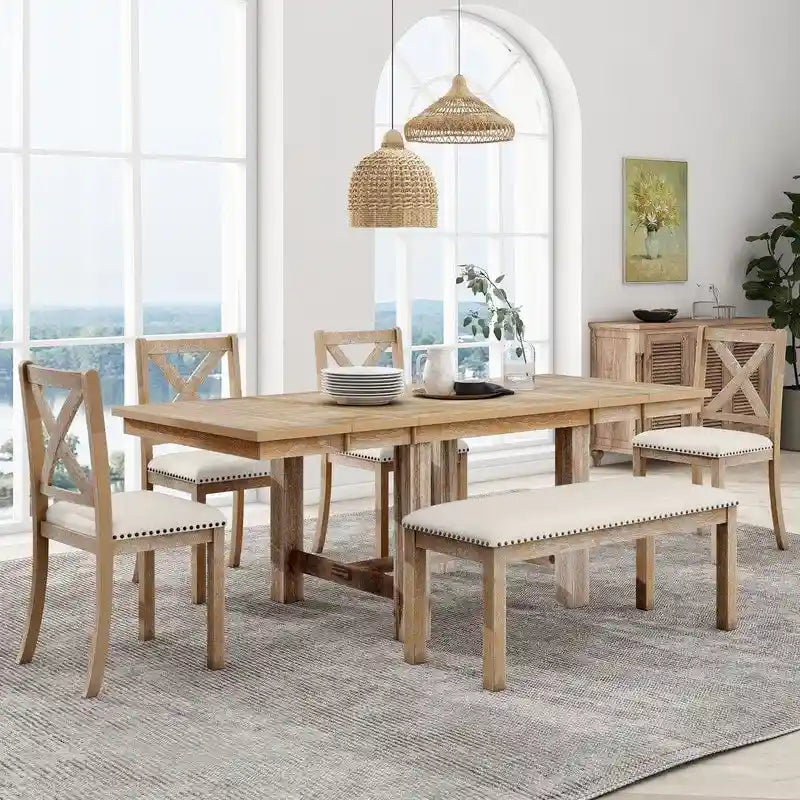 Engineered Wood 6-Piece Dining Kitchen Table Set, Extendable Wood Dining Table, 4 Upholstered Dining Chairs and Bench, Two 11 Removable Leaf - image 1