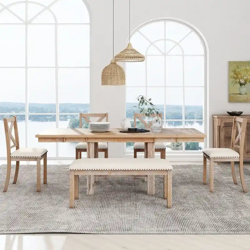 Engineered Wood 6-Piece Dining Kitchen Table Set, Extendable Wood Dining Table, 4 Upholstered Dining Chairs and Bench, Two 11 Removable Leaf - image 2