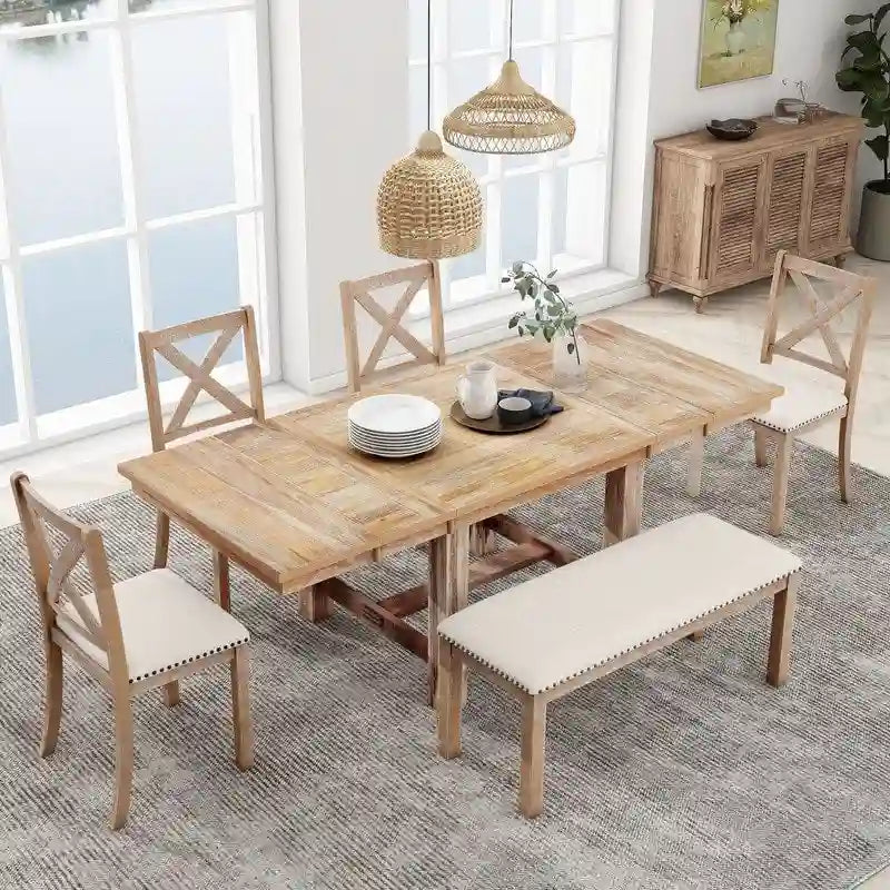 Engineered Wood 6-Piece Dining Kitchen Table Set, Extendable Wood Dining Table, 4 Upholstered Dining Chairs and Bench, Two 11 Removable Leaf - image 3
