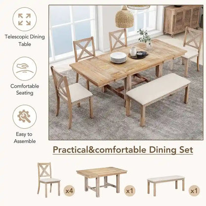 Engineered Wood 6-Piece Dining Kitchen Table Set, Extendable Wood Dining Table, 4 Upholstered Dining Chairs and Bench, Two 11 Removable Leaf - image 4