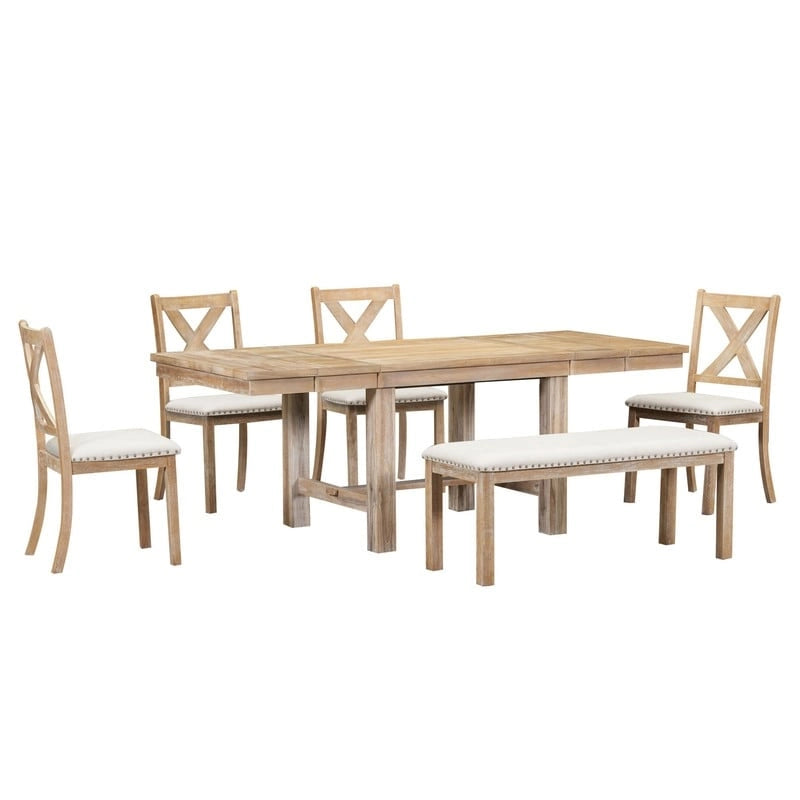Engineered Wood 6-Piece Dining Kitchen Table Set, Extendable Wood Dining Table, 4 Upholstered Dining Chairs and Bench, Two 11 Removable Leaf - image 7