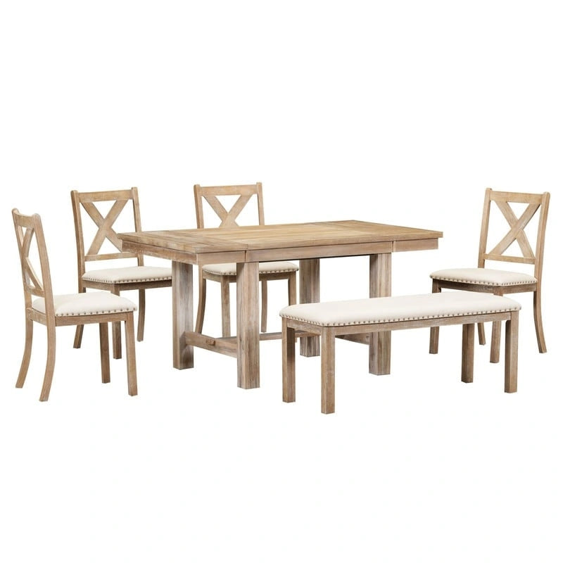 Engineered Wood 6-Piece Dining Kitchen Table Set, Extendable Wood Dining Table, 4 Upholstered Dining Chairs and Bench, Two 11 Removable Leaf - image 8