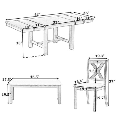 Engineered Wood 6-Piece Dining Kitchen Table Set, Extendable Wood Dining Table, 4 Upholstered Dining Chairs and Bench, Two 11 Removable Leaf - image 9