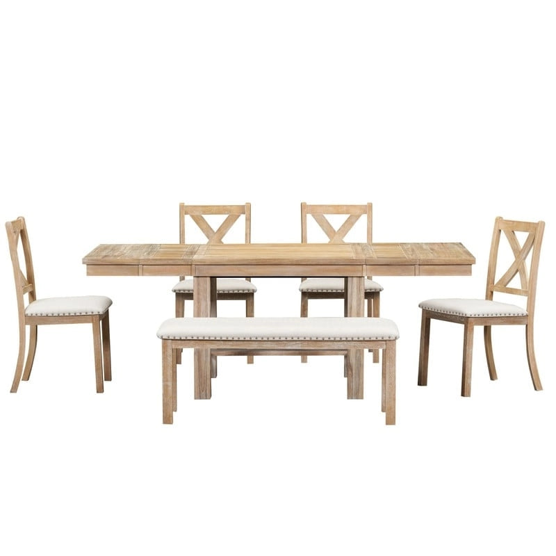 Engineered Wood 6-Piece Dining Kitchen Table Set, Extendable Wood Dining Table, 4 Upholstered Dining Chairs and Bench, Two 11 Removable Leaf - image 10