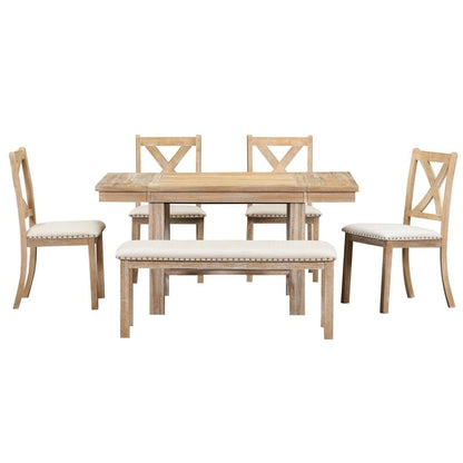 Engineered Wood 6-Piece Dining Kitchen Table Set, Extendable Wood Dining Table, 4 Upholstered Dining Chairs and Bench, Two 11 Removable Leaf - image 12