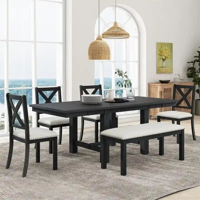Engineered Wood 6-Piece Dining Kitchen Table Set, Extendable Wood Dining Table, 4 Upholstered Dining Chairs and Bench, Two 11 Removable Leaf - image 22