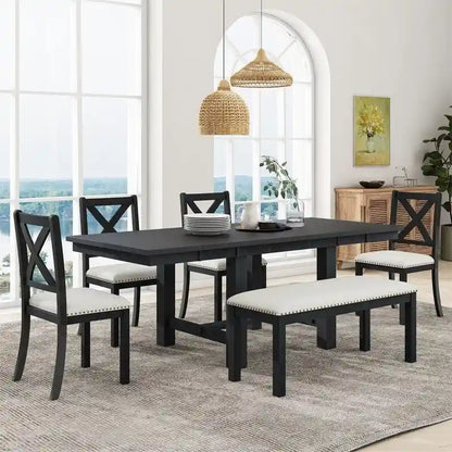 Engineered Wood 6-Piece Dining Kitchen Table Set, Extendable Wood Dining Table, 4 Upholstered Dining Chairs and Bench, Two 11 Removable Leaf - image 22