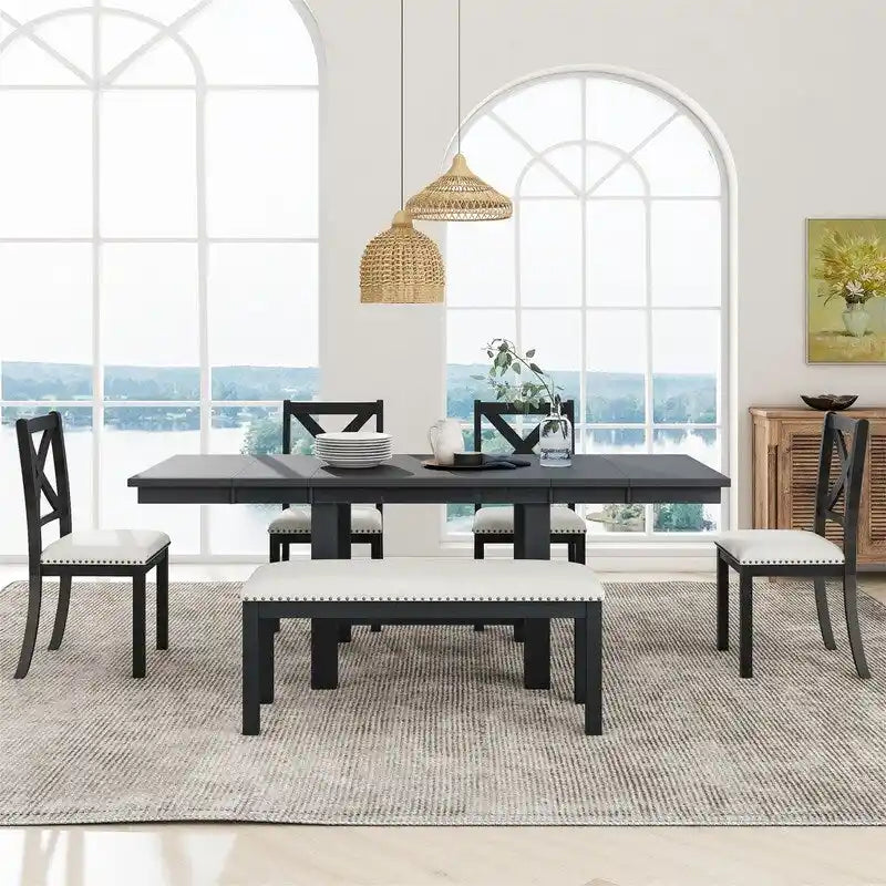 Engineered Wood 6-Piece Dining Kitchen Table Set, Extendable Wood Dining Table, 4 Upholstered Dining Chairs and Bench, Two 11 Removable Leaf - image 23
