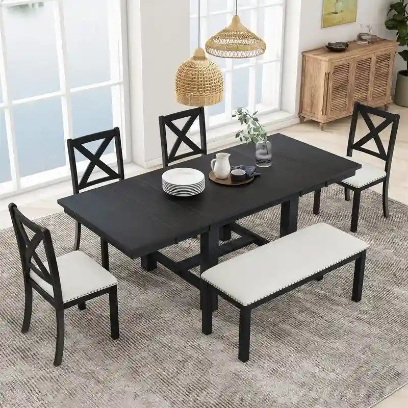 Engineered Wood 6-Piece Dining Kitchen Table Set, Extendable Wood Dining Table, 4 Upholstered Dining Chairs and Bench, Two 11 Removable Leaf - image 24