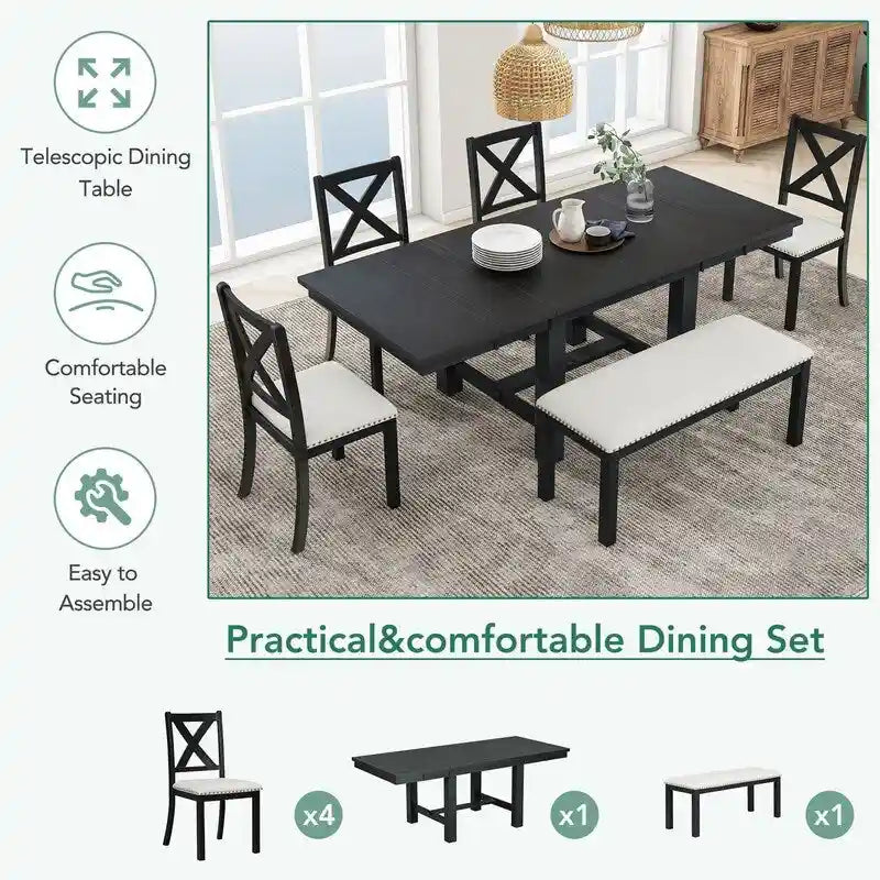 Engineered Wood 6-Piece Dining Kitchen Table Set, Extendable Wood Dining Table, 4 Upholstered Dining Chairs and Bench, Two 11 Removable Leaf - image 25