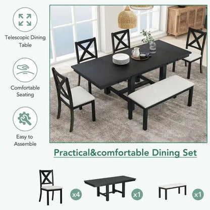 Engineered Wood 6-Piece Dining Kitchen Table Set, Extendable Wood Dining Table, 4 Upholstered Dining Chairs and Bench, Two 11 Removable Leaf - image 25