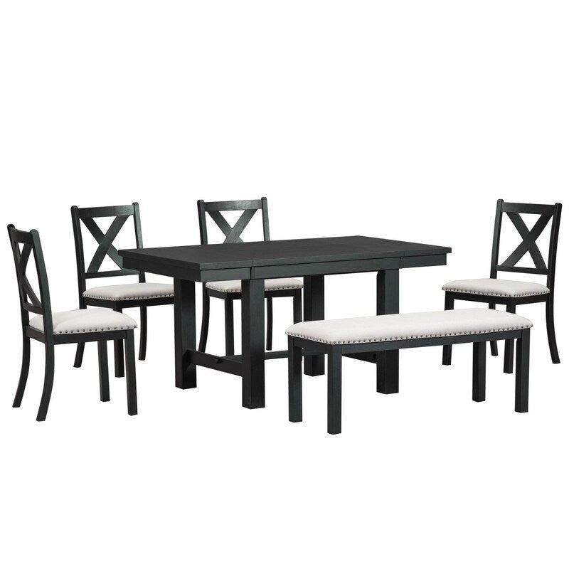 Engineered Wood 6-Piece Dining Kitchen Table Set, Extendable Wood Dining Table, 4 Upholstered Dining Chairs and Bench, Two 11 Removable Leaf - image 28