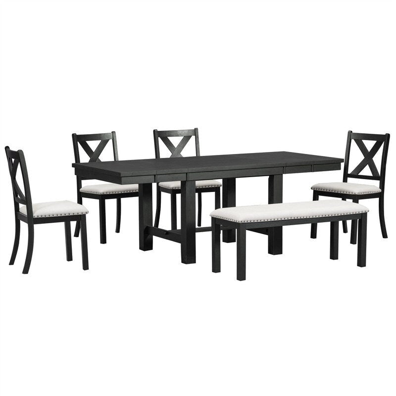 Engineered Wood 6-Piece Dining Kitchen Table Set, Extendable Wood Dining Table, 4 Upholstered Dining Chairs and Bench, Two 11 Removable Leaf - image 29