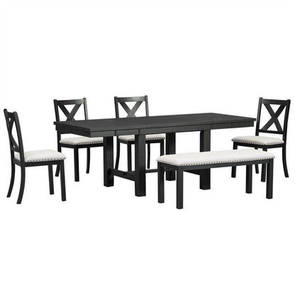 Engineered Wood 6-Piece Dining Kitchen Table Set, Extendable Wood Dining Table, 4 Upholstered Dining Chairs and Bench, Two 11 Removable Leaf - image 29