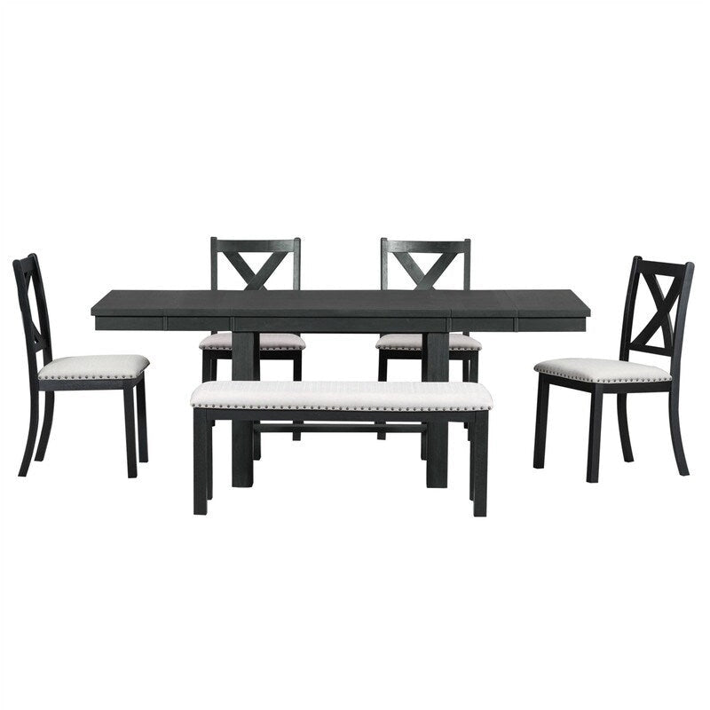 Engineered Wood 6-Piece Dining Kitchen Table Set, Extendable Wood Dining Table, 4 Upholstered Dining Chairs and Bench, Two 11 Removable Leaf - image 31