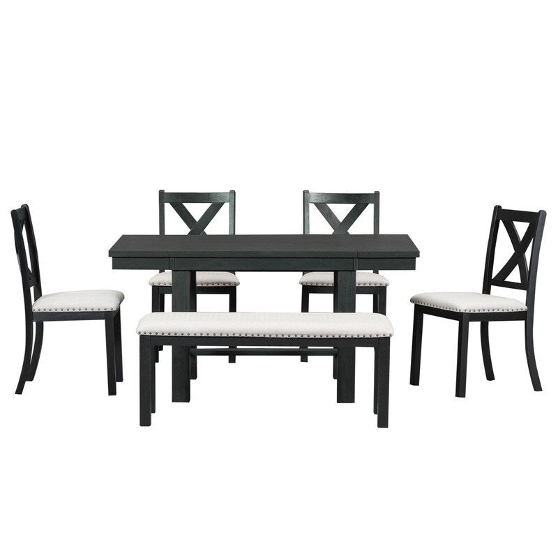 Engineered Wood 6-Piece Dining Kitchen Table Set, Extendable Wood Dining Table, 4 Upholstered Dining Chairs and Bench, Two 11 Removable Leaf - image 32