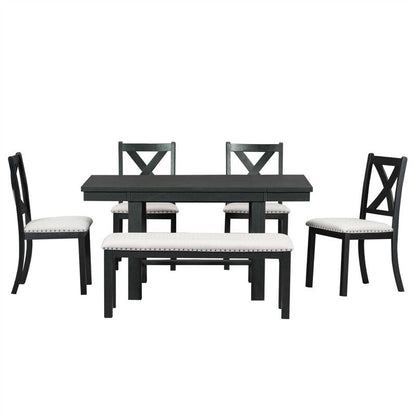 Engineered Wood 6-Piece Dining Kitchen Table Set, Extendable Wood Dining Table, 4 Upholstered Dining Chairs and Bench, Two 11 Removable Leaf - image 32