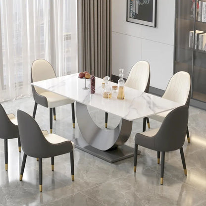 Metal 79 Marble Dining Table for 10, Modern Rectangle Kitchen Table with U Shape Pedestal Base