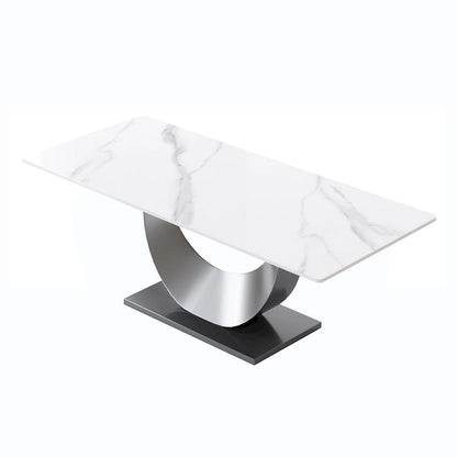 Metal 79 Marble Dining Table for 10, Modern Rectangle Kitchen Table with U Shape Pedestal Base - image 5