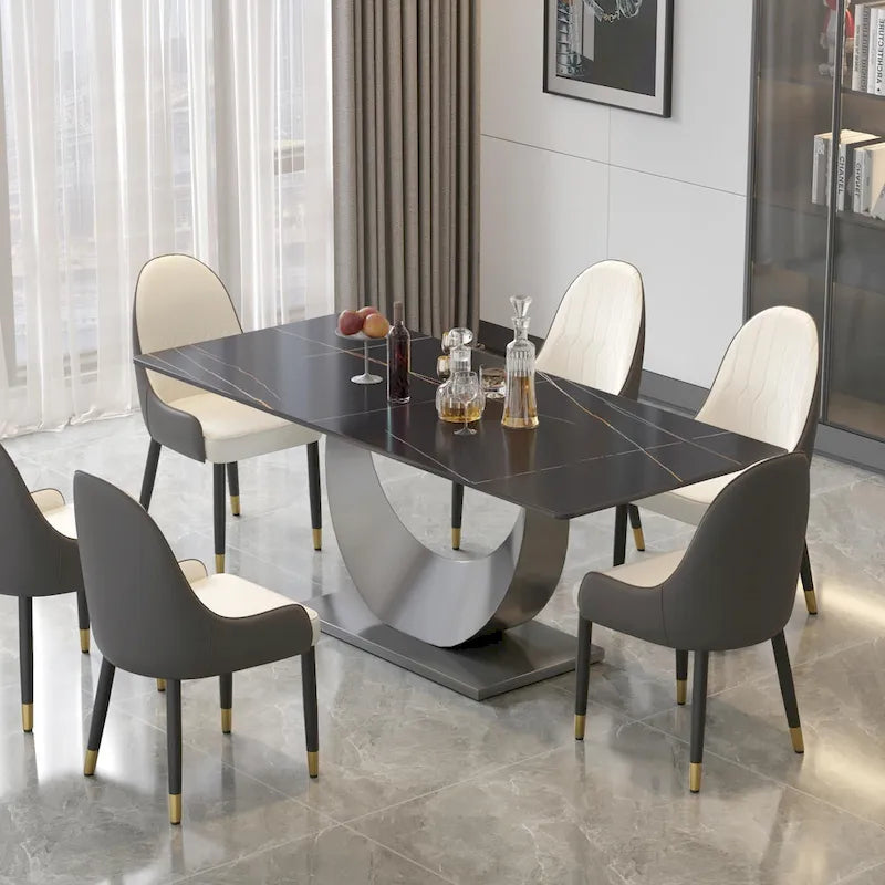 Metal 79 Marble Dining Table for 10, Modern Rectangle Kitchen Table with U Shape Pedestal Base - image 6