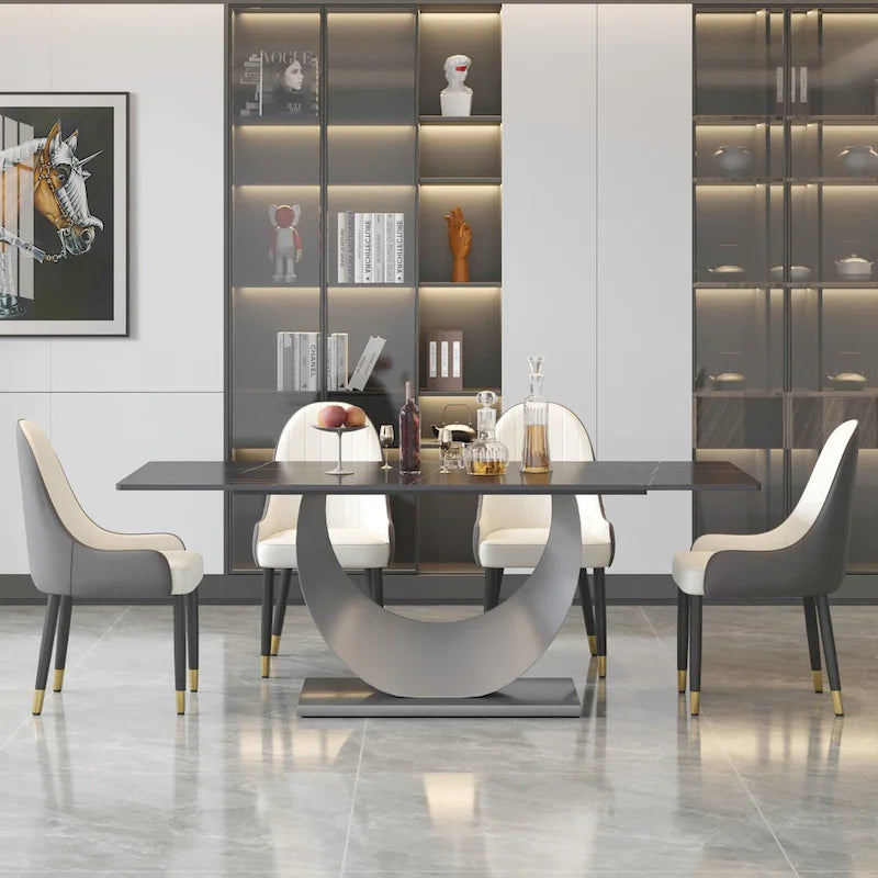Metal 79 Marble Dining Table for 10, Modern Rectangle Kitchen Table with U Shape Pedestal Base - image 7