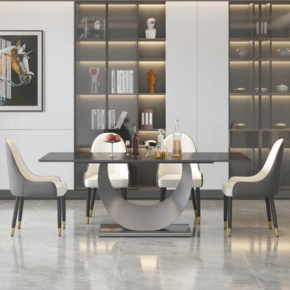 Metal 79 Marble Dining Table for 10, Modern Rectangle Kitchen Table with U Shape Pedestal Base - image 7