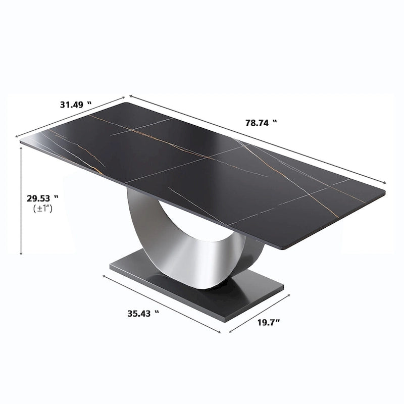 Metal 79 Marble Dining Table for 10, Modern Rectangle Kitchen Table with U Shape Pedestal Base - image 8