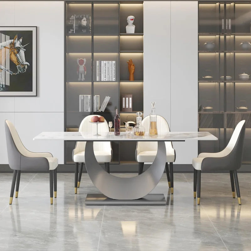 Metal 79 Marble Dining Table for 10, Modern Rectangle Kitchen Table with U Shape Pedestal Base - image 12