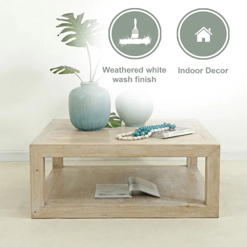 Artissance 39.4L Square Weathered White Washed Wood Indoor Peking Grand Framed Coffee Table - image 9