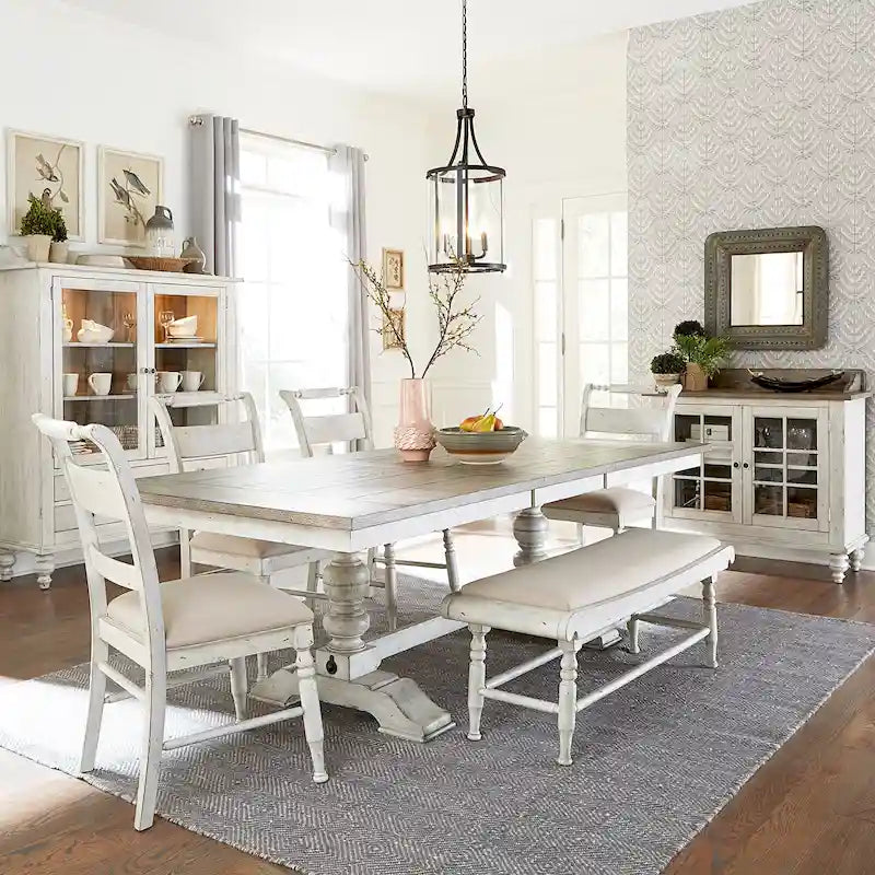 Wood Whitney Antique Linen & Weathered Gray 6 Piece Trestle Table Set