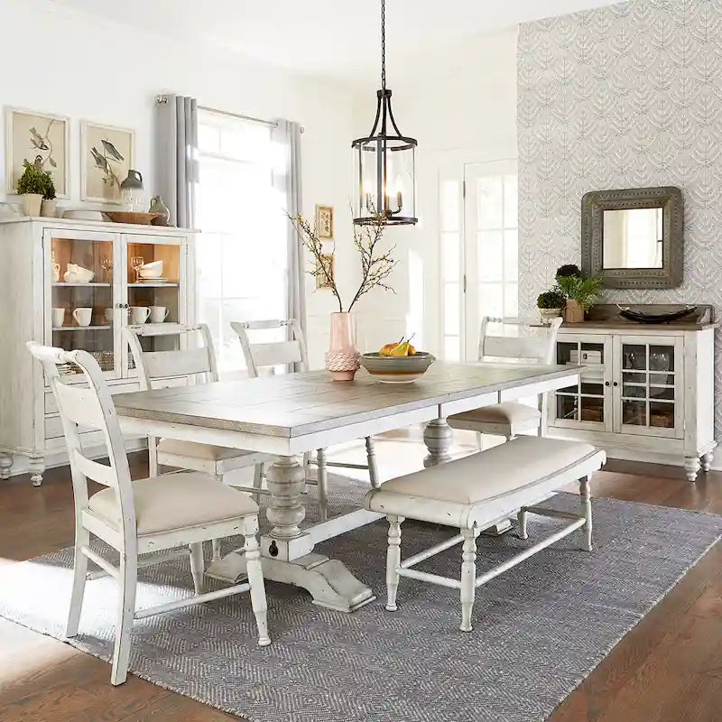 Wood Whitney Antique Linen & Weathered Gray 6 Piece Trestle Table Set - image 1