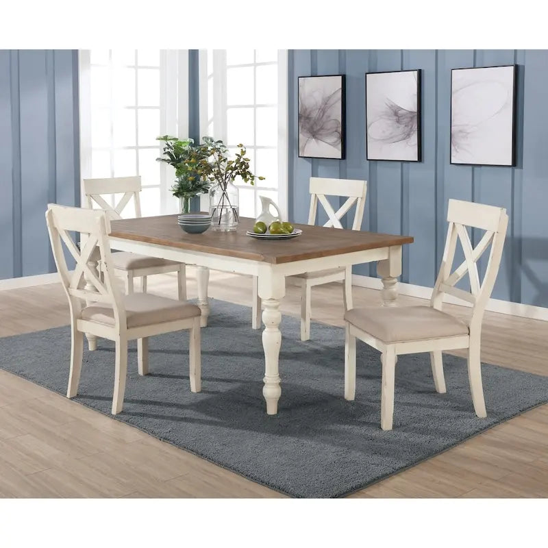 Engineered Wood Roundhill Furniture Prato 5-piece Dining Table Set With Cross Back Chairs, Antique White and Distressed Oak - image 1