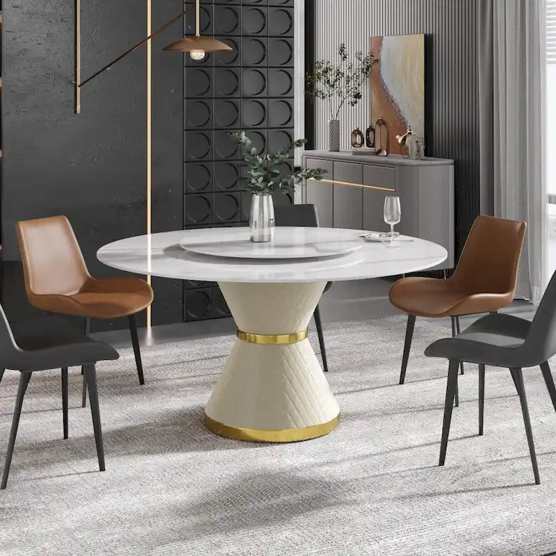 Metal 59 Modern Marble Dining Table Round Dining Table with Lazy Susan