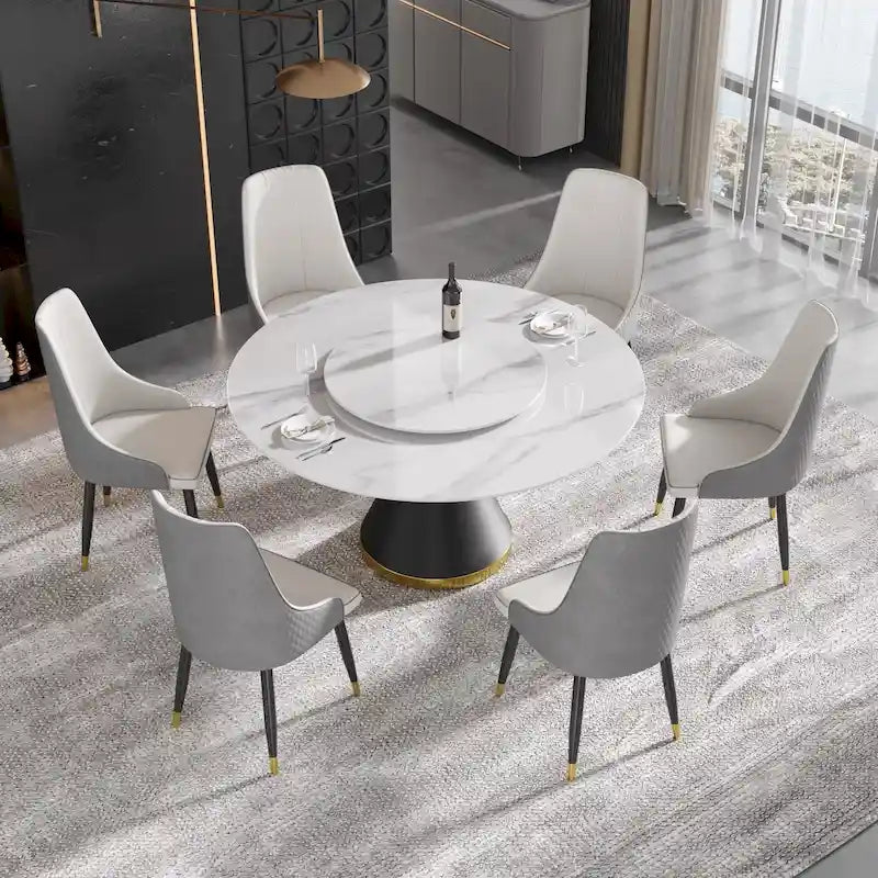 Metal 59 Modern Marble Dining Table Round Dining Table with Lazy Susan