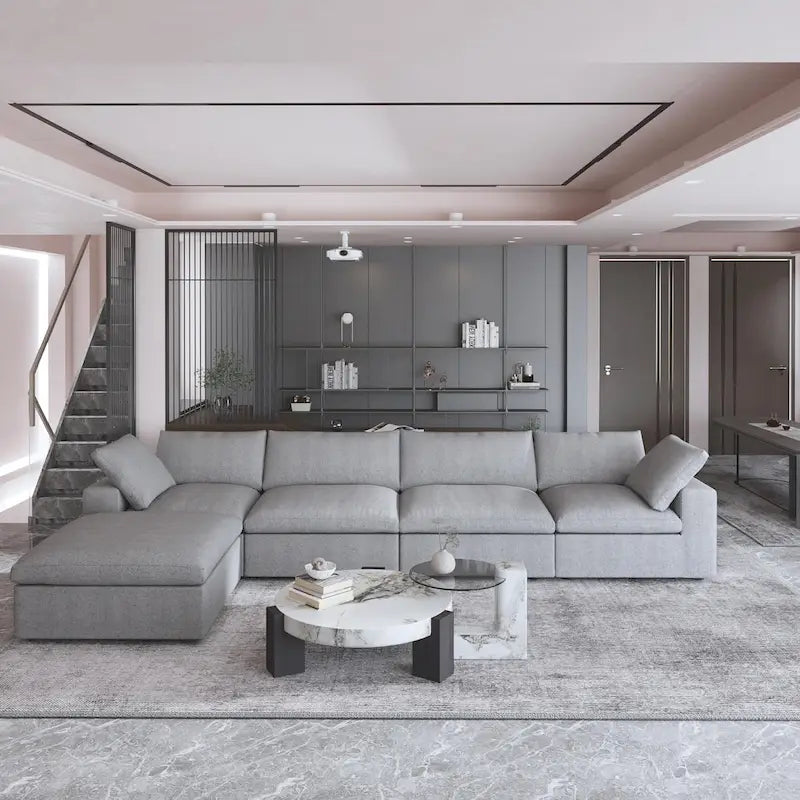 Solid Wood 160.6 Modern Linen Sectional Sofa4-seater Modar Couch with Storage Ottoman for Living Room.