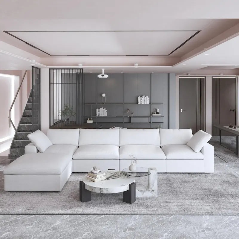 Solid Wood 160.6 Modern Linen Sectional Sofa4-seater Modar Couch with Storage Ottoman for Living Room.